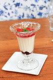 Fruit yogurt cake. Cream and yogurt stawberries