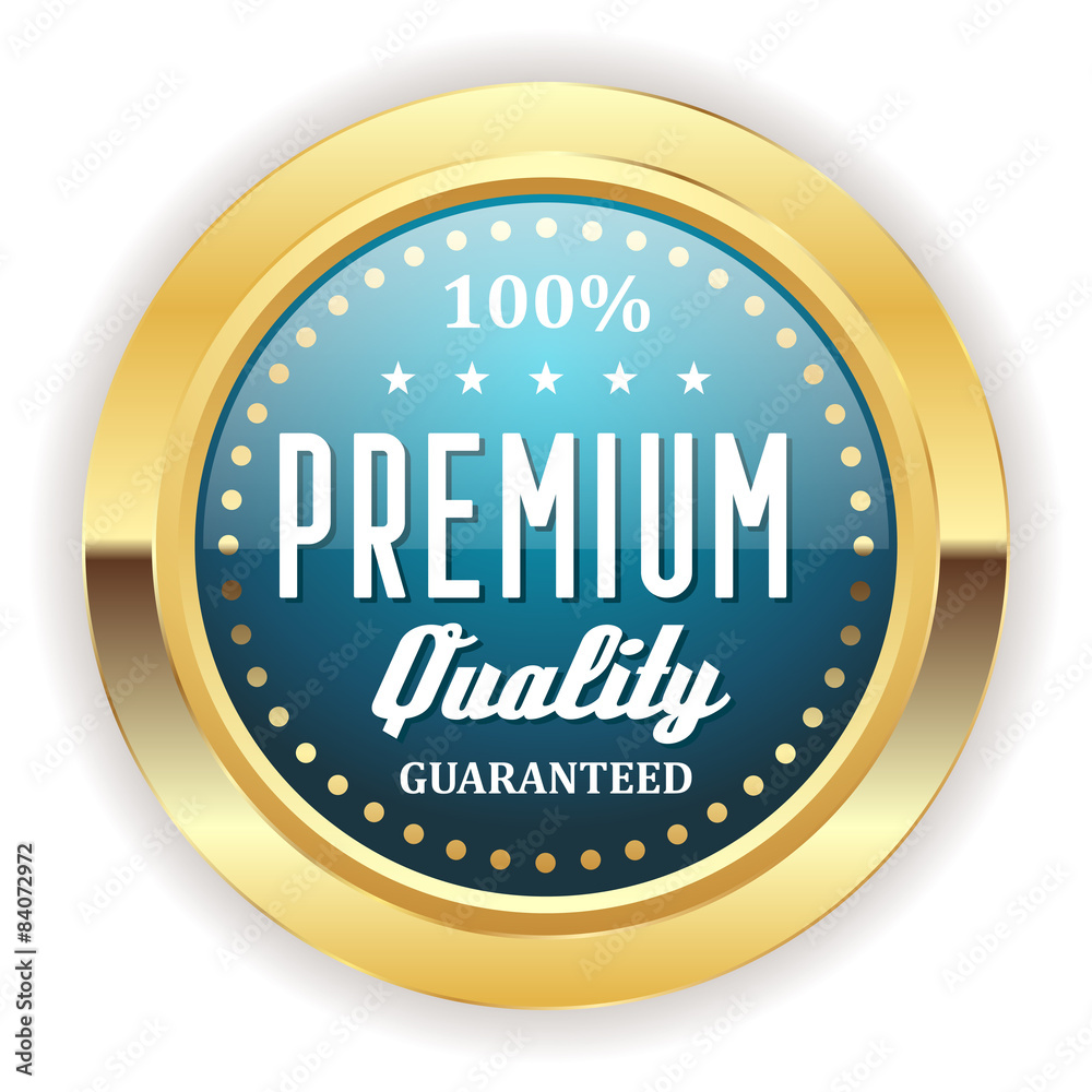 Light blue premium quality badge with gold border Light blue premium quality badge with gold border