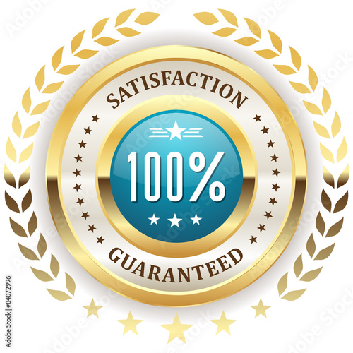Light blue satisfaction badge with gold border