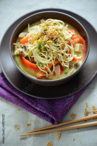 Mie-Nudeln mit Gemüse-Tofu-Curry und Röstzwiebeln, vegan photo