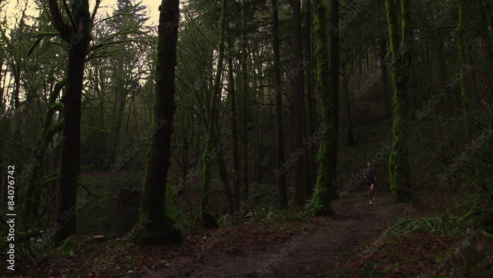 Man running through the woods. Man running through the woods.