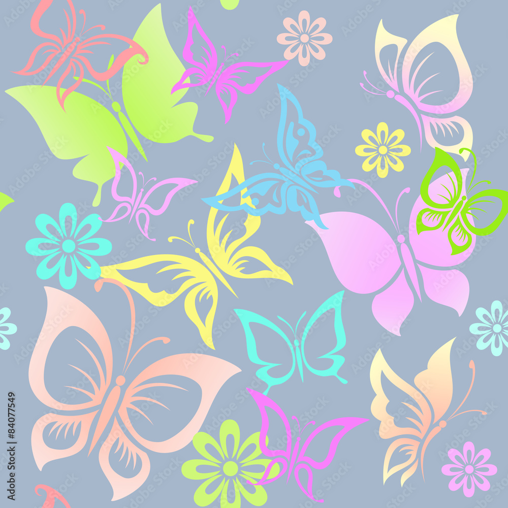 Seamless colorful pattern with butterflies and flowers.