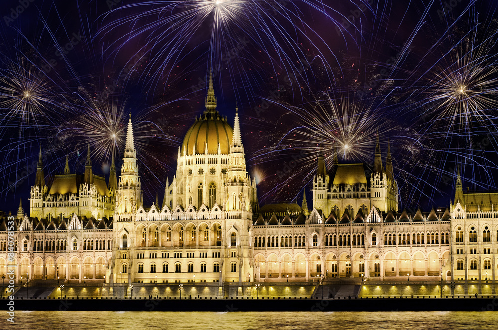 Fireworks and Hungarian parliament, Budapest