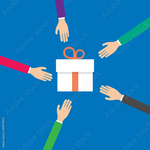 hands reach for a gift box, vector