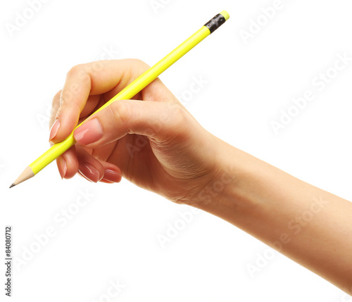 Female hand with pencil isolated on white