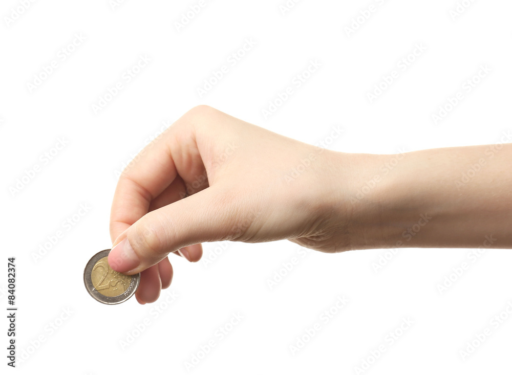 Female hand with coin isolated on white Female hand with coin isolated on white