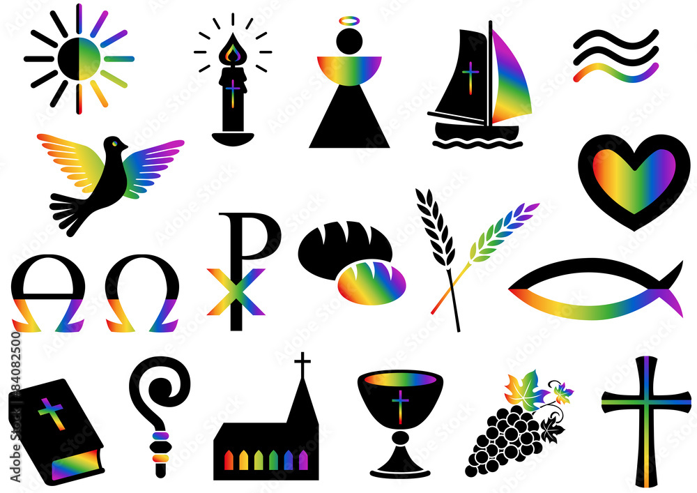 Set Christliche Symbole, schwarz / Regenbogenfarben, Vektor Stock