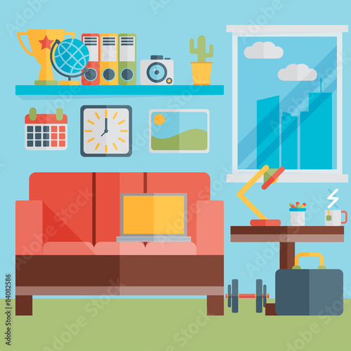 Flat design vector illustration of modern home office interior w