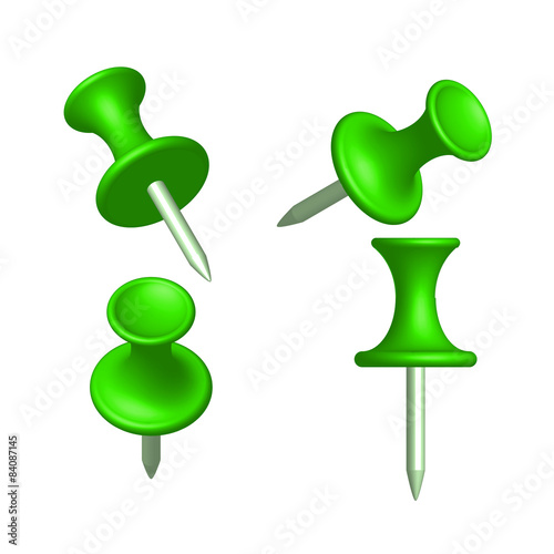 Set of green pin different view, thumbtack, vector, illustration