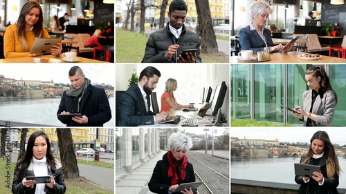 4K compilation (montage) - multicultural people work on tablet - street, park, cafe etc.