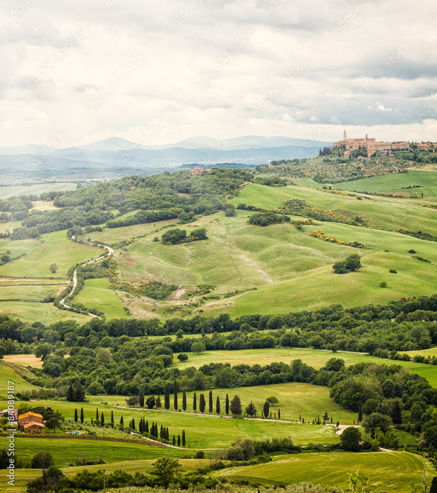 View of the town of Pienza with the typical Tuscan hills