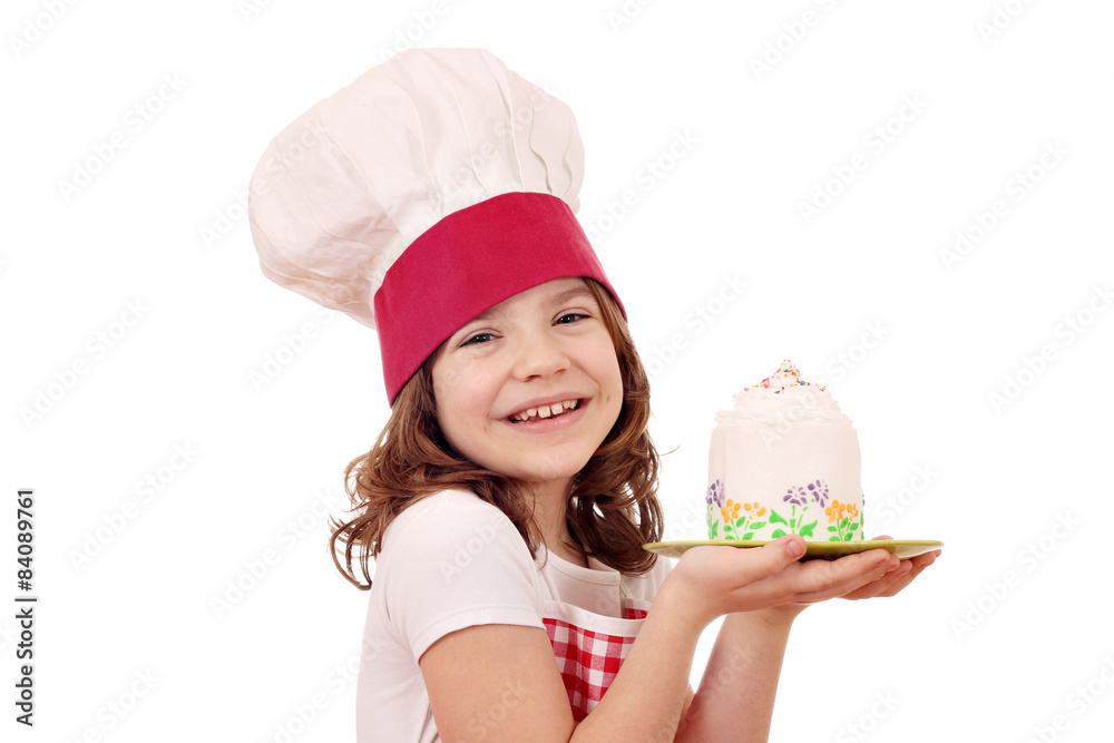 happy little girl cook with cake portrait happy little girl cook with cake portrait