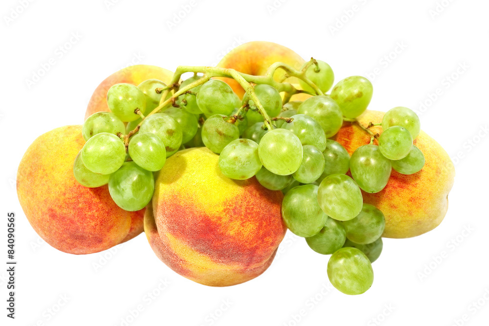 Fresh peaches and grape.Isolated.