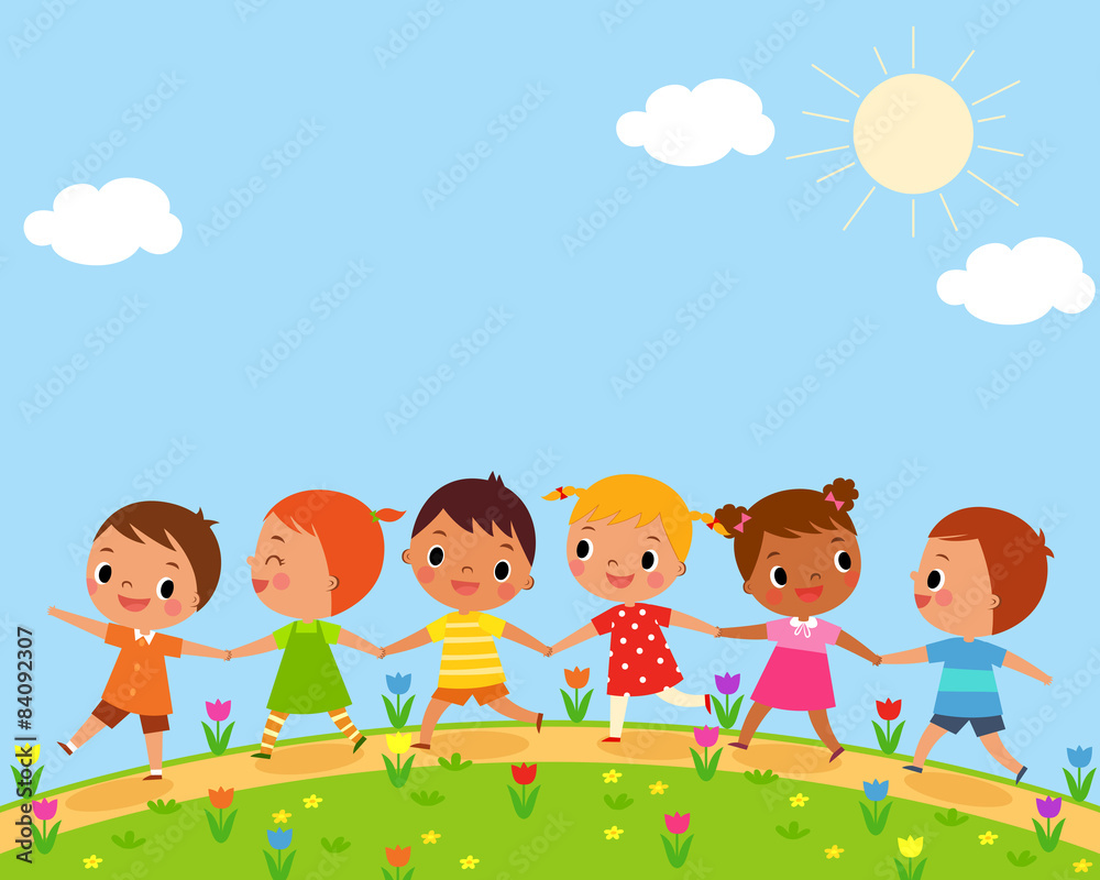 children walk on a beautiful spring day