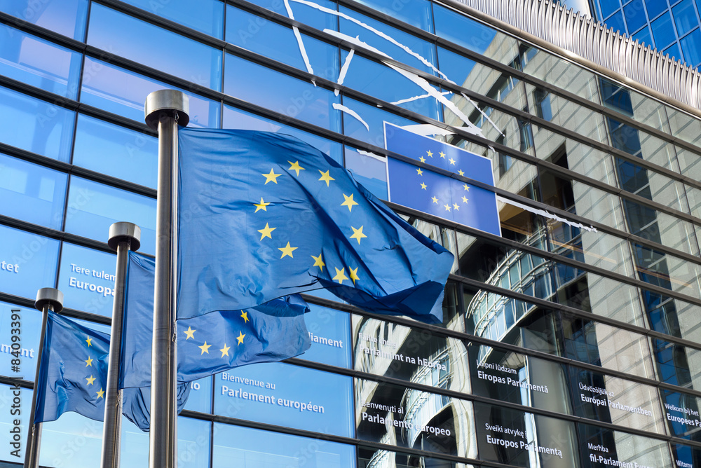 European Union flag against European Parliament - obrazy, fototapety, plakaty 