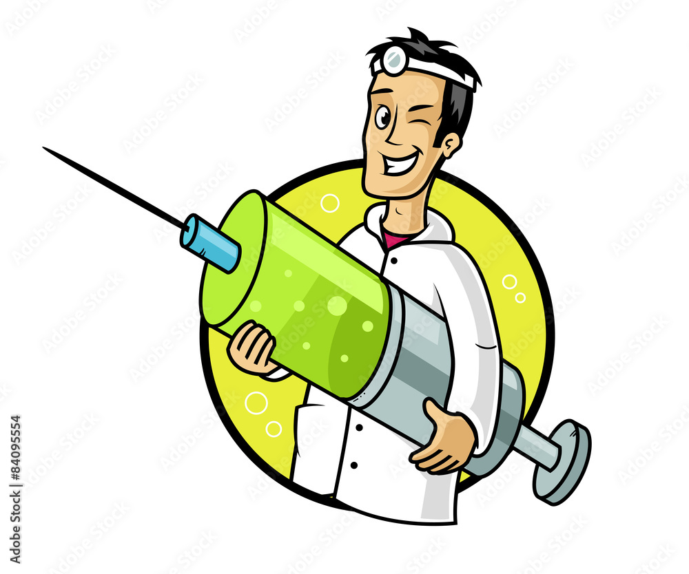 Happy cartoon doctor holding big syringe with vaccine Stock Vector | Adobe  Stock