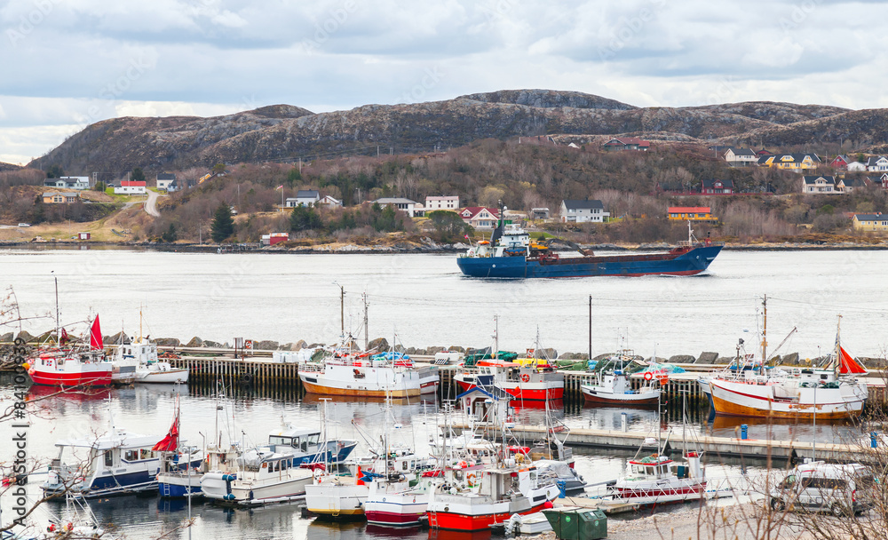Small Norwegian village, moored fishing boats