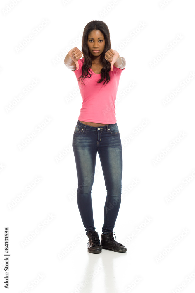 Model negative thumbs down Model negative thumbs down