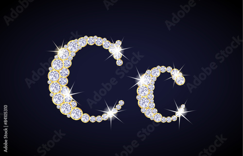 Letter "C" composed from diamonds with golden frame. Complete alphabet set.