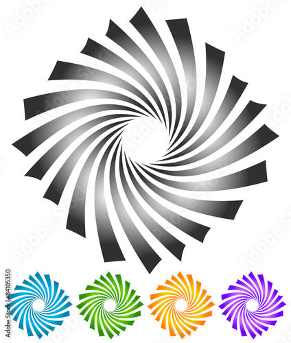 Abstract twisting, rotating vector elements in 5 colors.