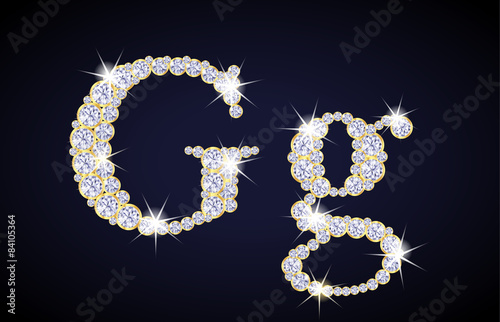 Letter "G" composed from diamonds with golden frame. Complete alphabet set.