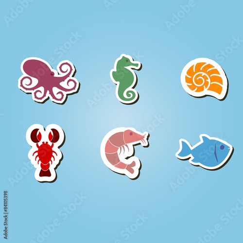 set of color icons with sea food and products for your design