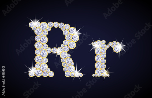 Letter "R" composed from diamonds with golden frame. Complete alphabet set.