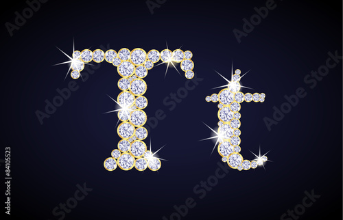 Letter "T" composed from diamonds with golden frame. Complete alphabet set.