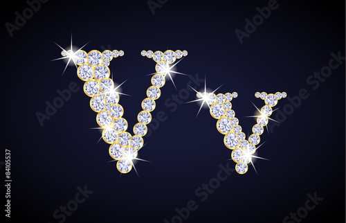 Letter "V" composed from diamonds with golden frame. Complete alphabet set.