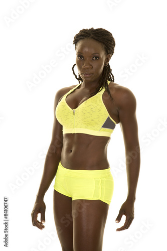African American woman fitness green outfit front serious