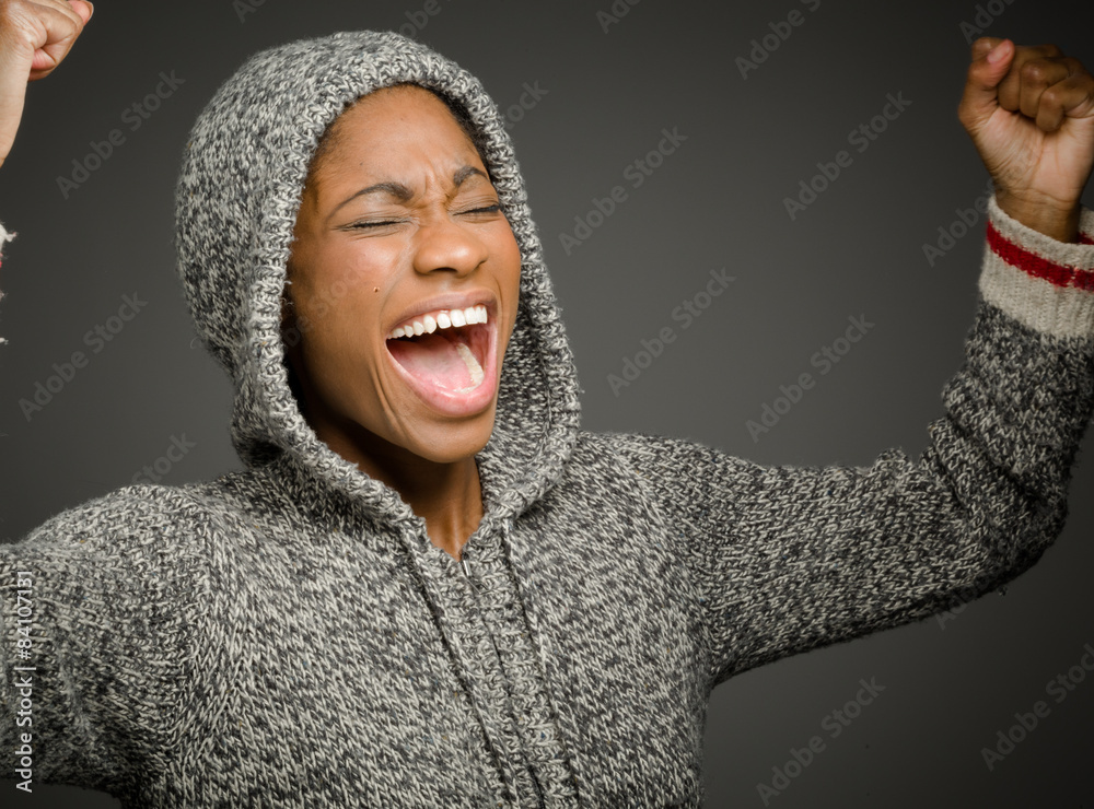 Model happy successful arms in the air Model happy successful arms in the air