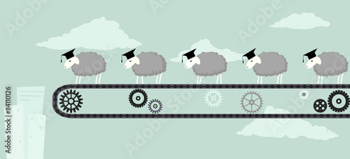 Educated sheep on a conveyor belt