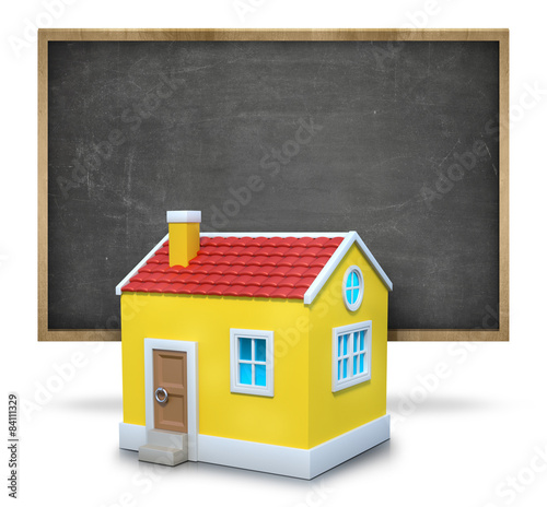 Black blank blackboard with wooden frame and 3d house