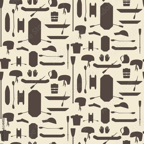 Rafting sport items silhouette icon set seamless texture. Oar