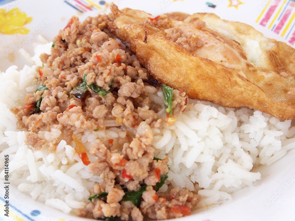 Close up Rice topped with stir fried pork and basil Close up Rice topped with stir fried pork and basil