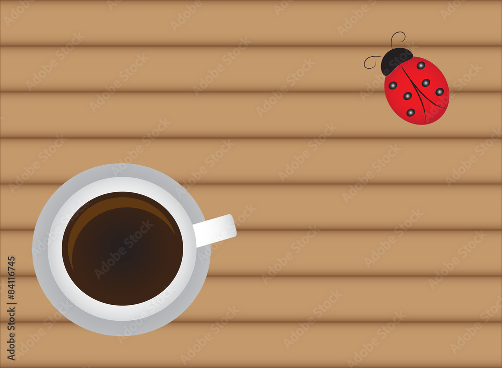 Cup of hot coffee on wood table with cute ladybug Stock Vector | Adobe Stock