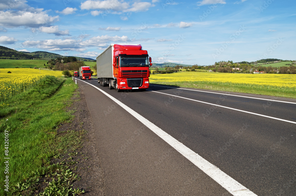 Three red trucks on the road between rapeseed field