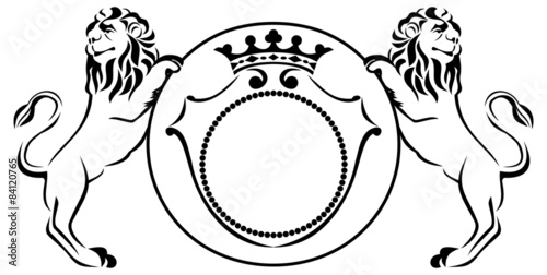 Two outline lions with a shield