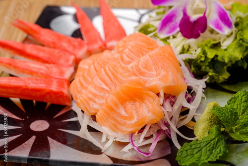 Salmon sashimi Serve with crab Served with wasabi