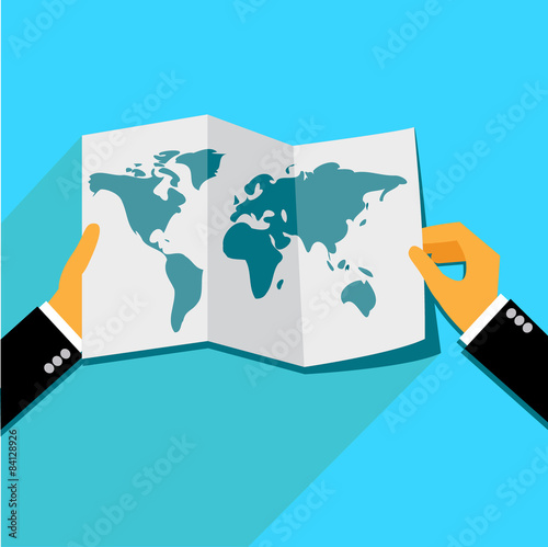 hands holding world map in flat style for web