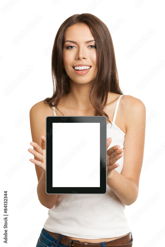 Woman showing blank no-name tablet pc monitor, on white Woman showing blank no-name tablet pc monitor, on white