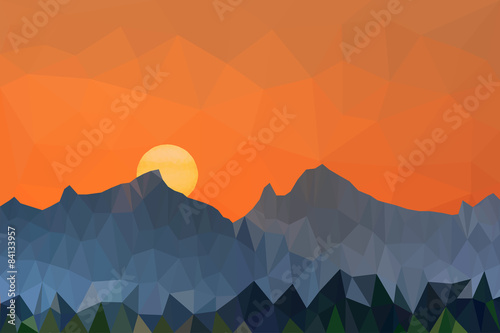 Low poly vector illustration sunset and mountains landscape