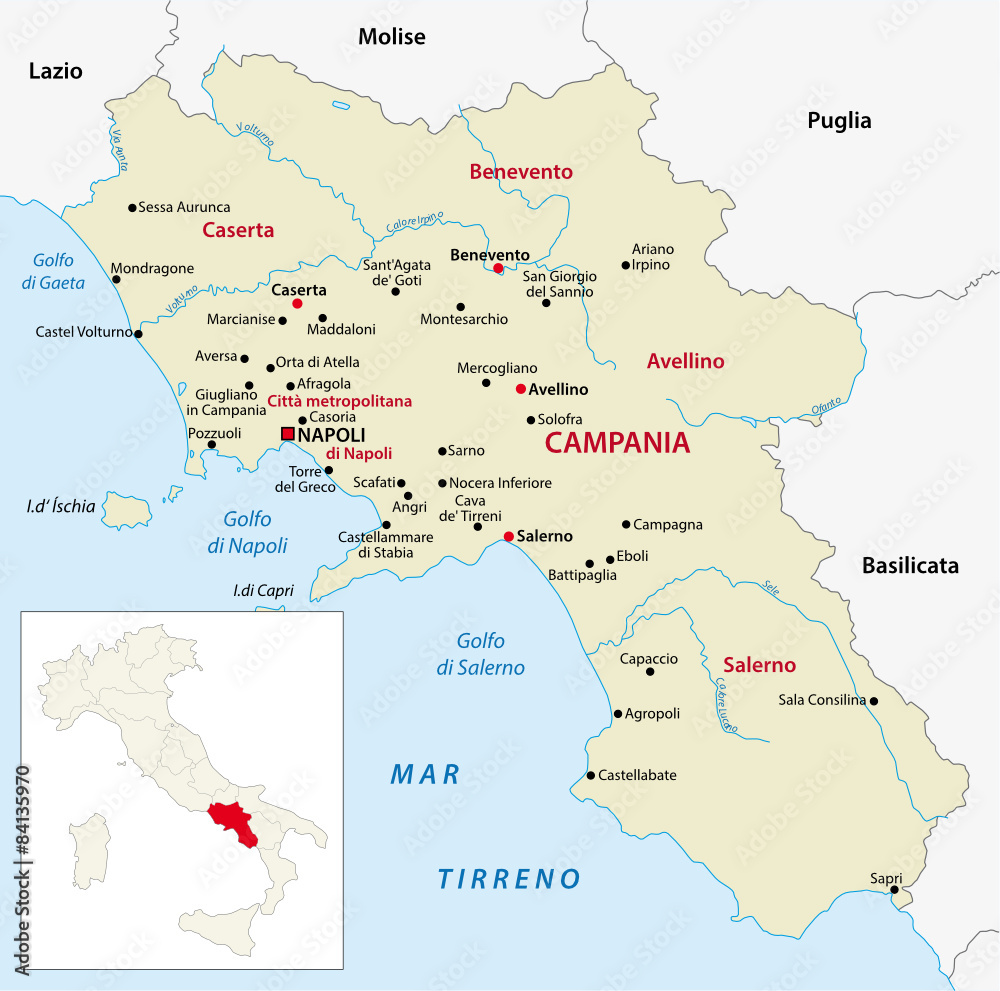 campania map with outline map italy