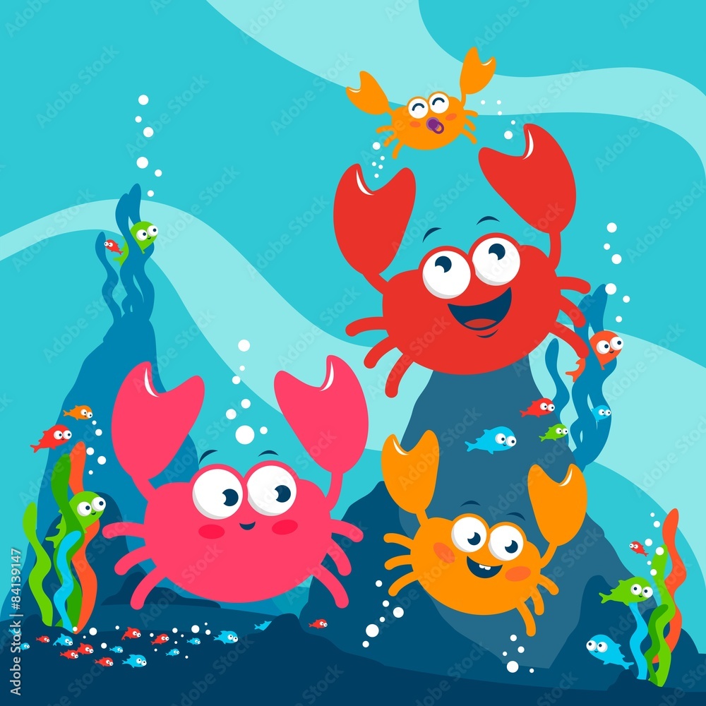 Crabs and fish swimming underwater in the sea. Vector illustration Crabs and fish swimming underwater in the sea. Vector illustration