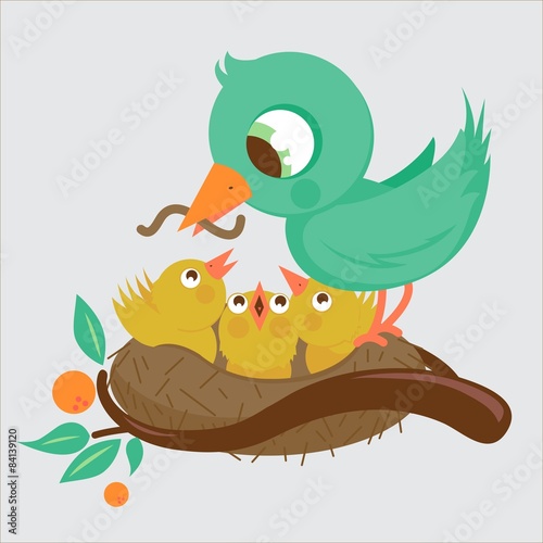 Bird mother feeding the young birds in the nest. Vector illustration.