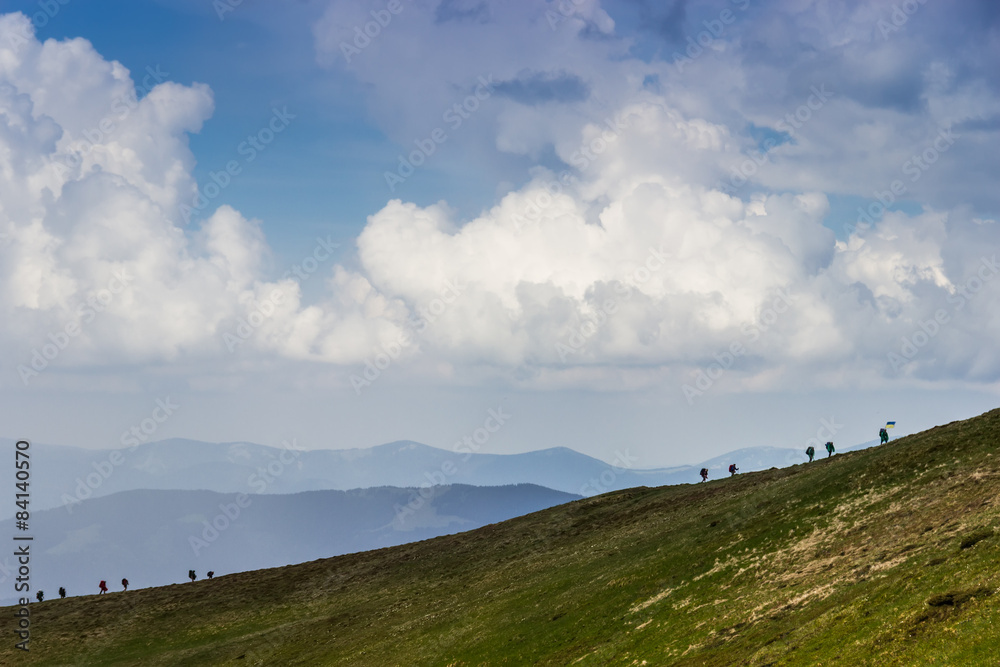 Group of tourists in the Carpathians