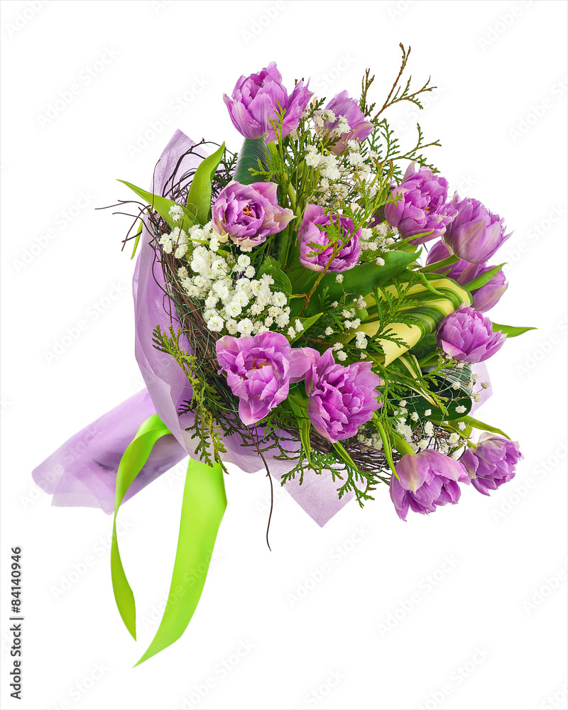 Bouquet of lilac tulips and other flowers.