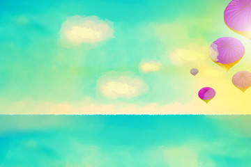 Gordijnen Koraalgroen Fantasy landscape with hot air balloons and a blue green sky  © colorwaste
