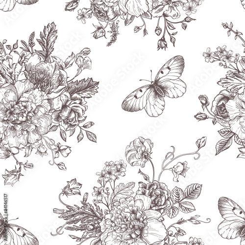 Seamless  pattern  flowers and butterflies.