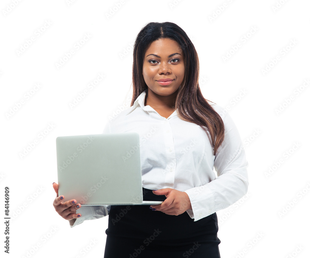 Happy african businesswoman holding laptop Happy african businesswoman holding laptop